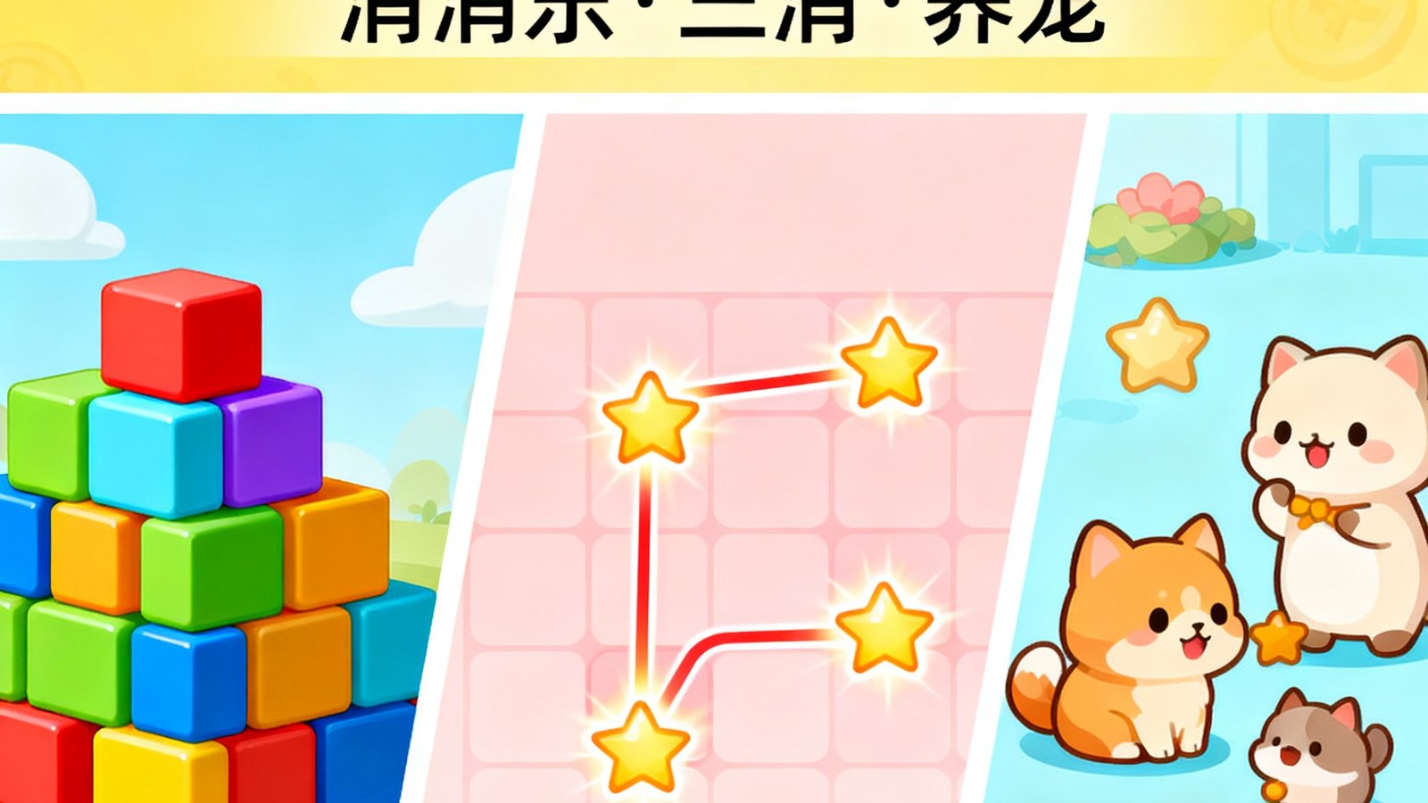 休闲游戏，消消乐、三消、养宠等轻松玩法